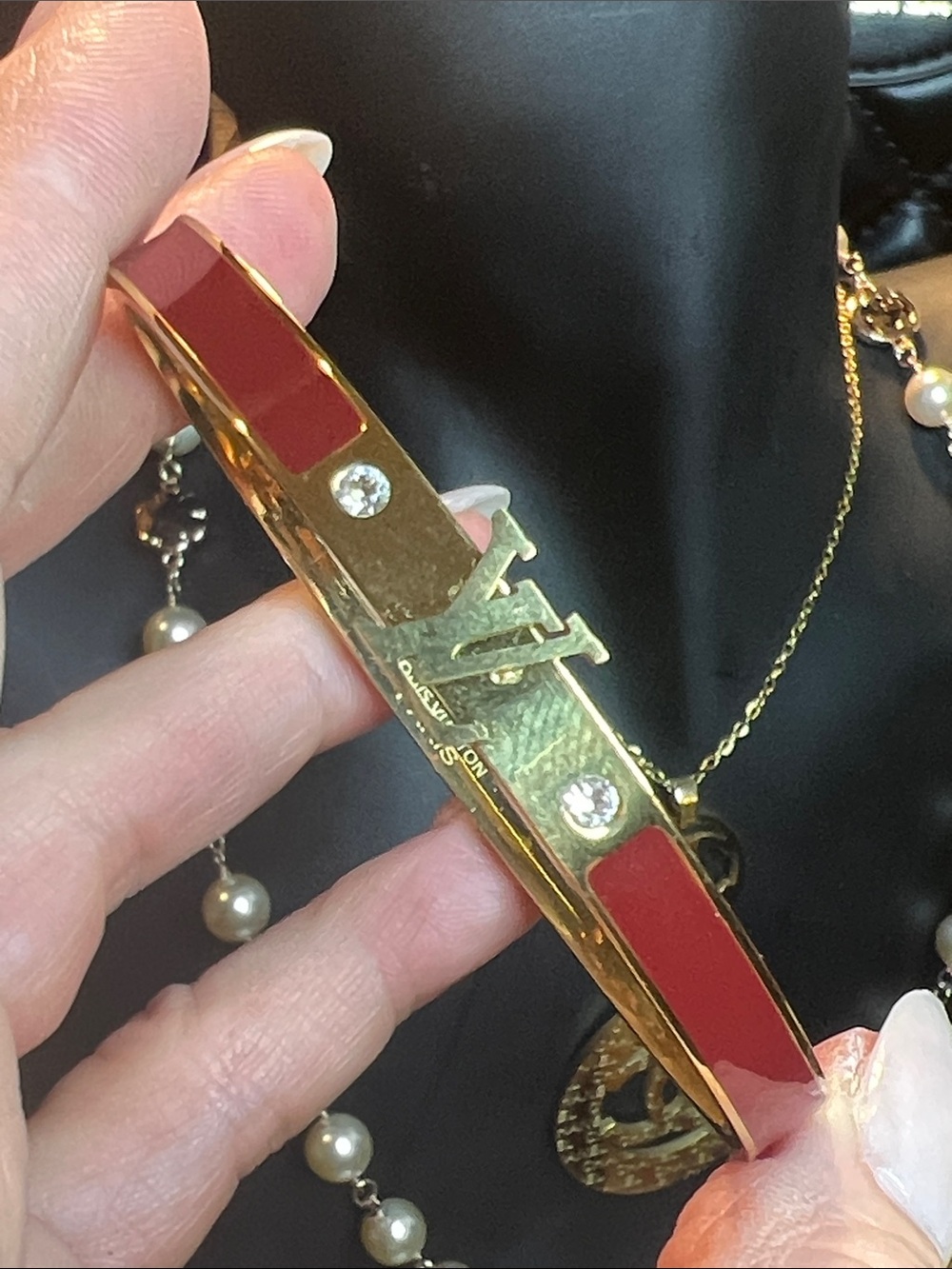 Gold-Tone Stainless Steel Bracelet with Red Enamel and Crystal Accents